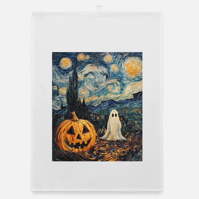 Pumpkin Ghost Halloween Van Gogh Style Starry Night Organic dish towel