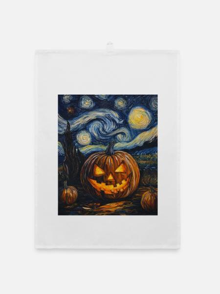 Kürbis Halloween Van Gogh Style Starry Night - Organic Geschirrtuch - Weiß - Vorne
