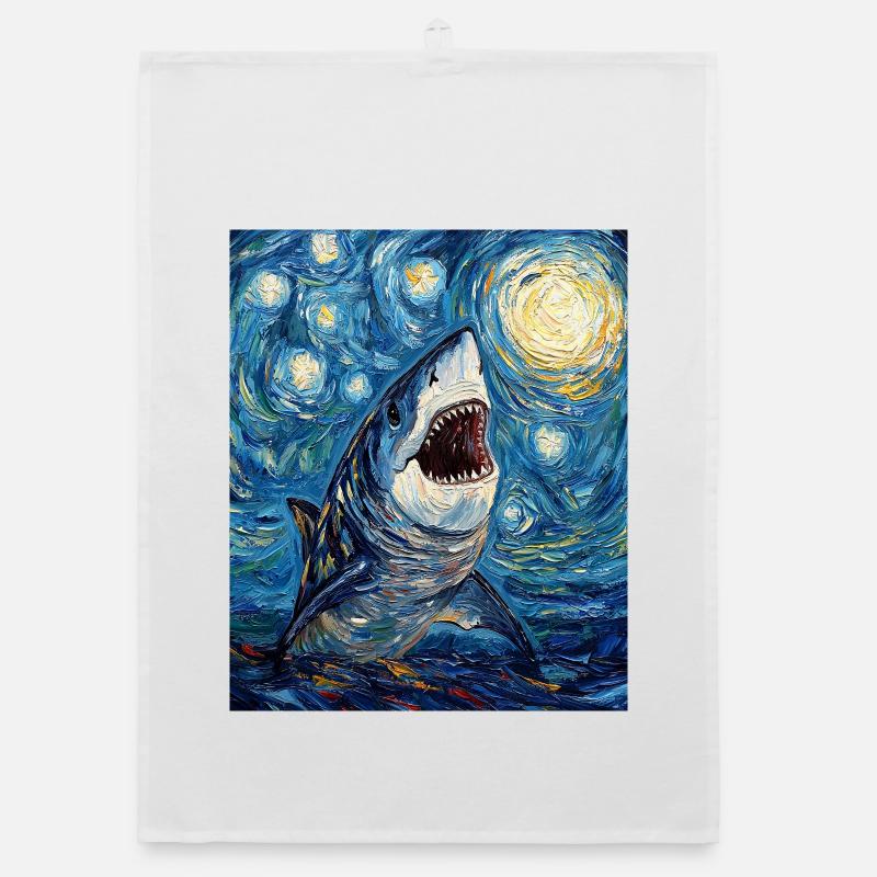 Shark Fish Van Gogh Style Starry Night Organic dish towel