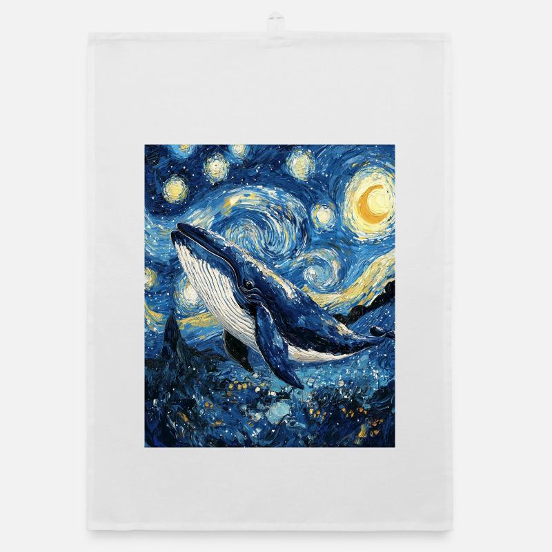 Whale Fish Blue Whale Van Gogh Style Starry Night Organic dish towel
