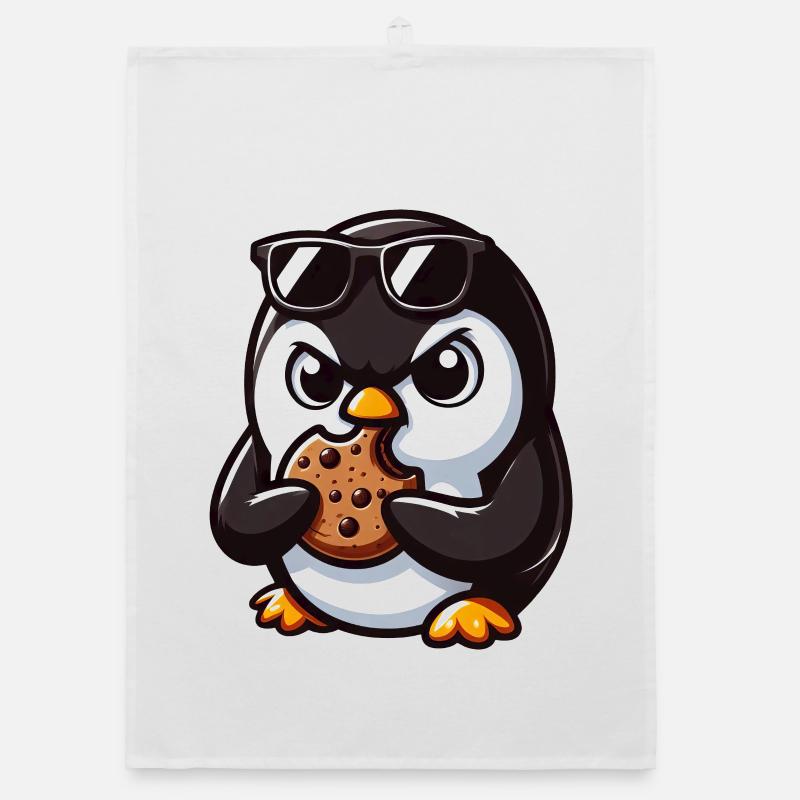 funny penguin eats cookie and is Organic dish towel