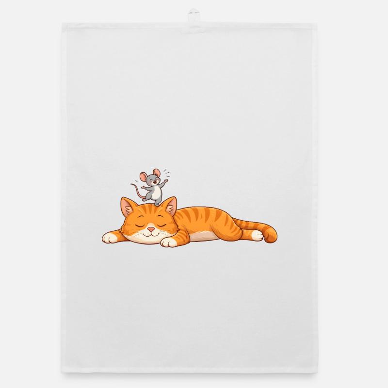 Sleeping cat with cheerful mouse Organic dish towel