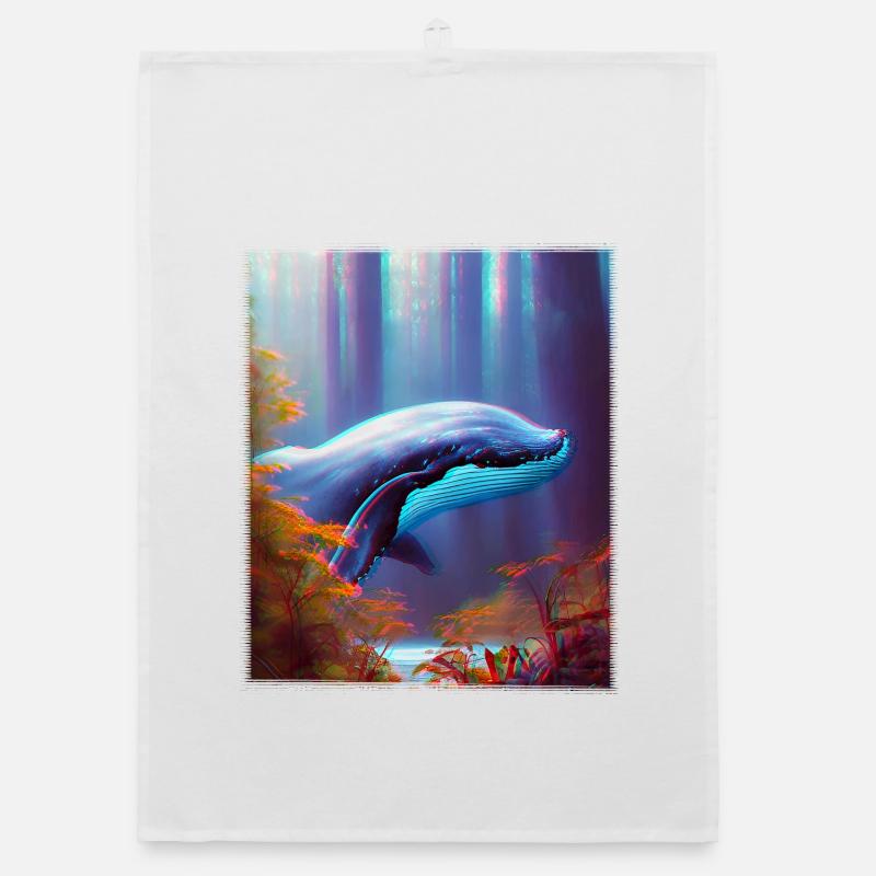 Baleine bleue planant à travers la forêt Surréalisme Torchon bio