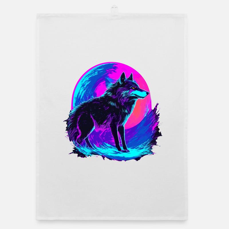 Colorful Wolf Neon Moon Synthwave - Organic Geschirrtuch - Weiß