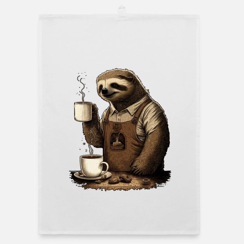 Sloth with apron and cups with fragrant coffee Organic dish towel