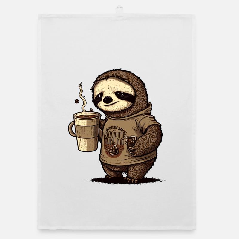 tired sloth with huge coffee mug Organic dish towel