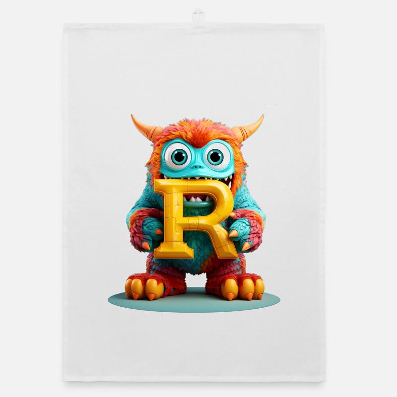 Bunter Monster mit Buchstabe R - Organic Geschirrtuch - Weiß