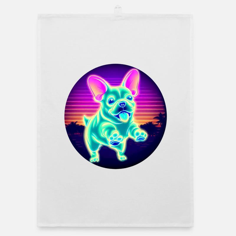Bouledogue Français néon coucher de soleil Torchon bio