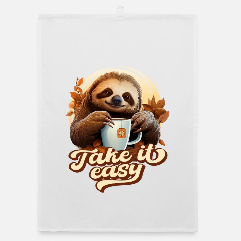 Süßes Faultier Trinkt Tee, Take It Easy, Spruch - Organic Geschirrtuch - Weiß