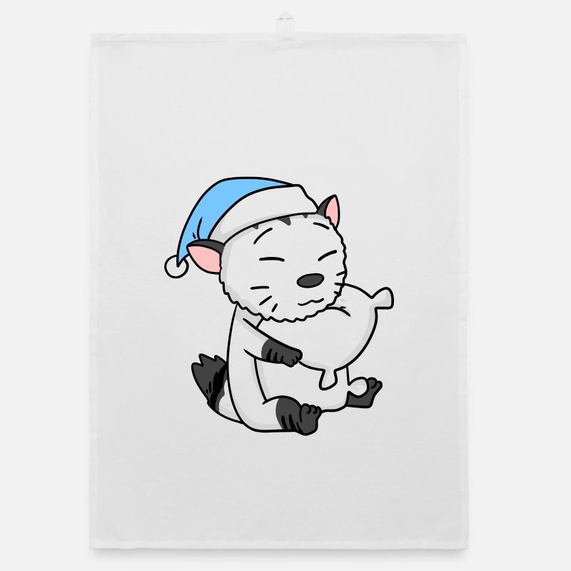 Sleeping Tired - Cat with Pillow and Sleepy Cap Organic dish towel