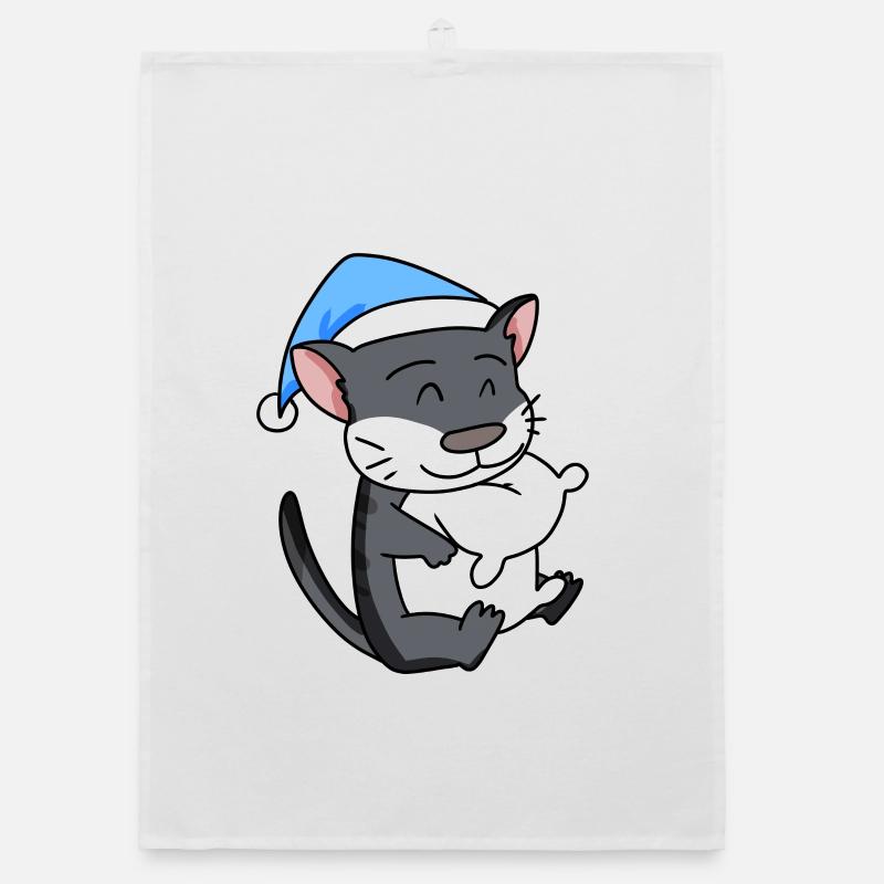 Sleeping Tired - Cat with Pillow and Sleepy Cap Organic dish towel