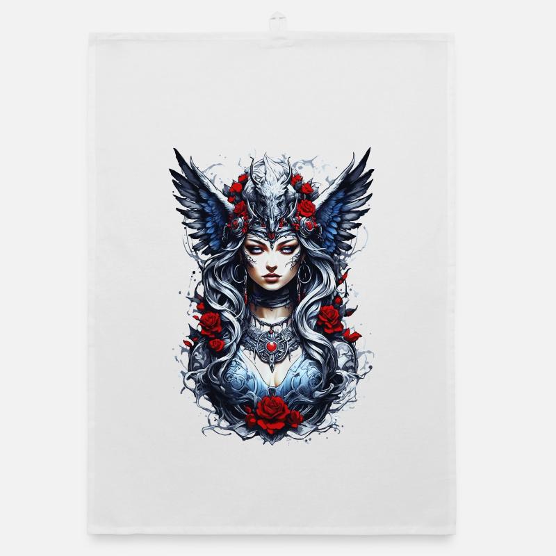 Valkyrie with Ravens, Roses, Vikings Organic dish towel