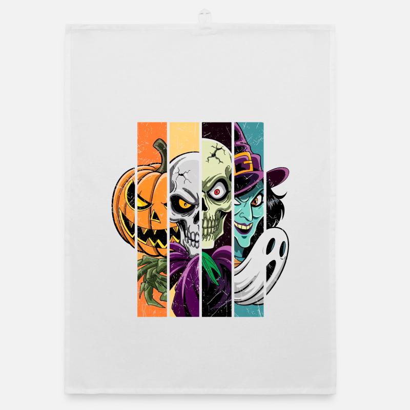 Halloween Monsters: Witch, Ghost, Skeleton, Skull. Organic dish towel