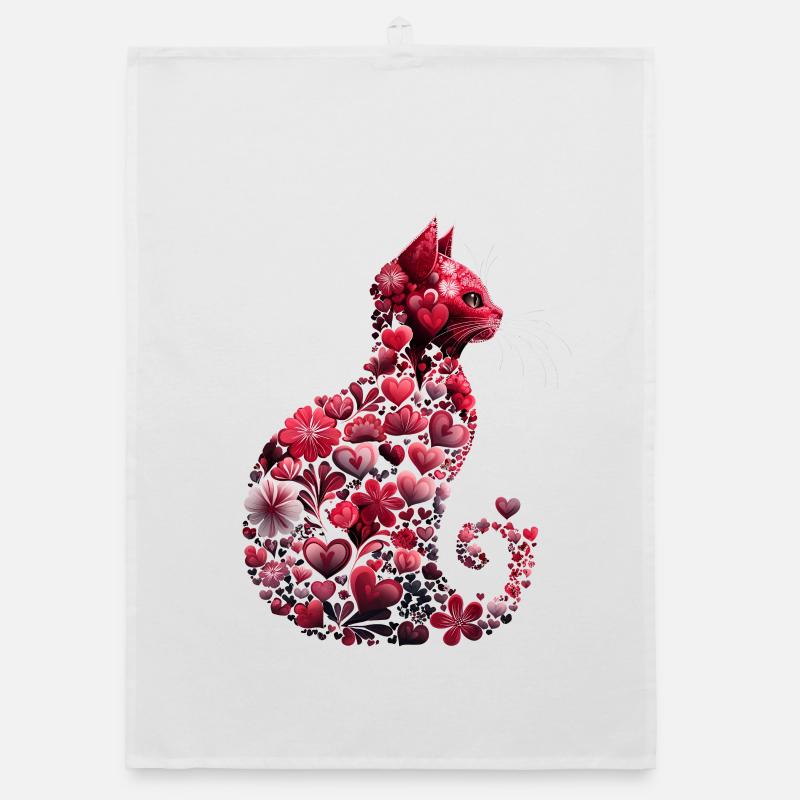 Chat romantique coeurs et fleurs Chat Saint-Valentin Torchon bio