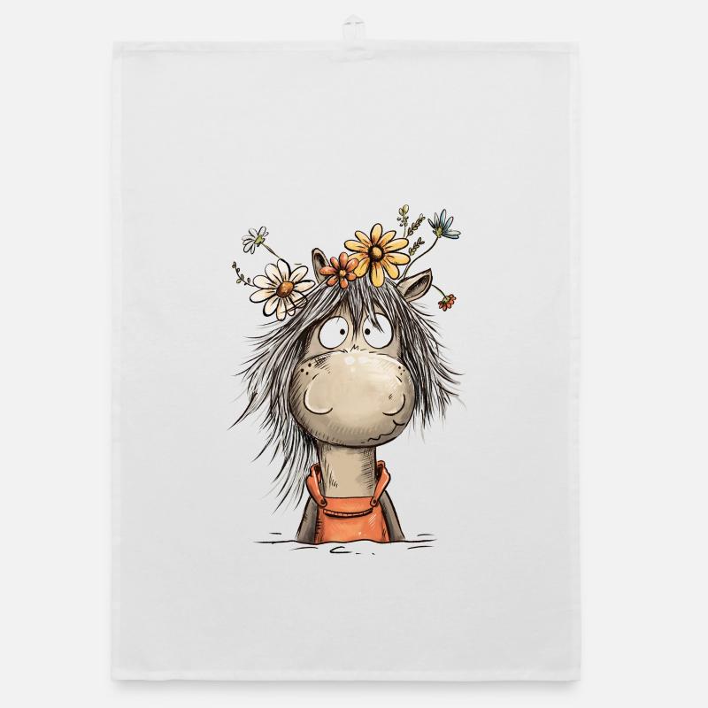 Pferd Mit Wildblumen Cartoon Reiter - Organic Geschirrtuch - Weiß