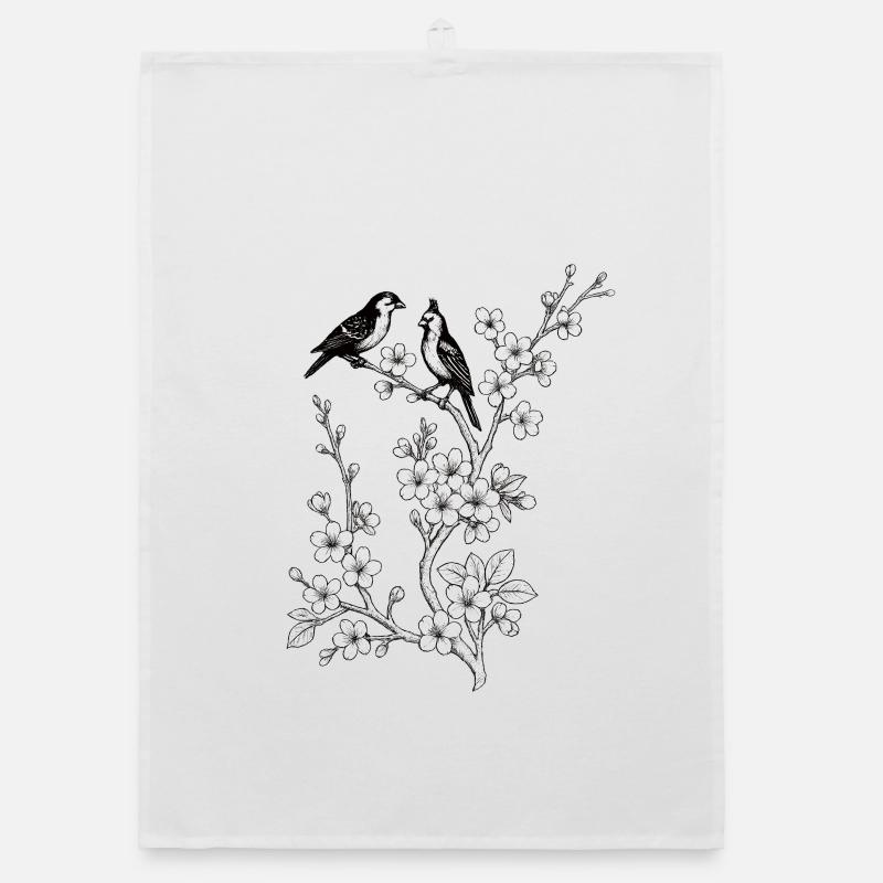 Oiseaux sur branche de cerisier - Torchon bio - blanc