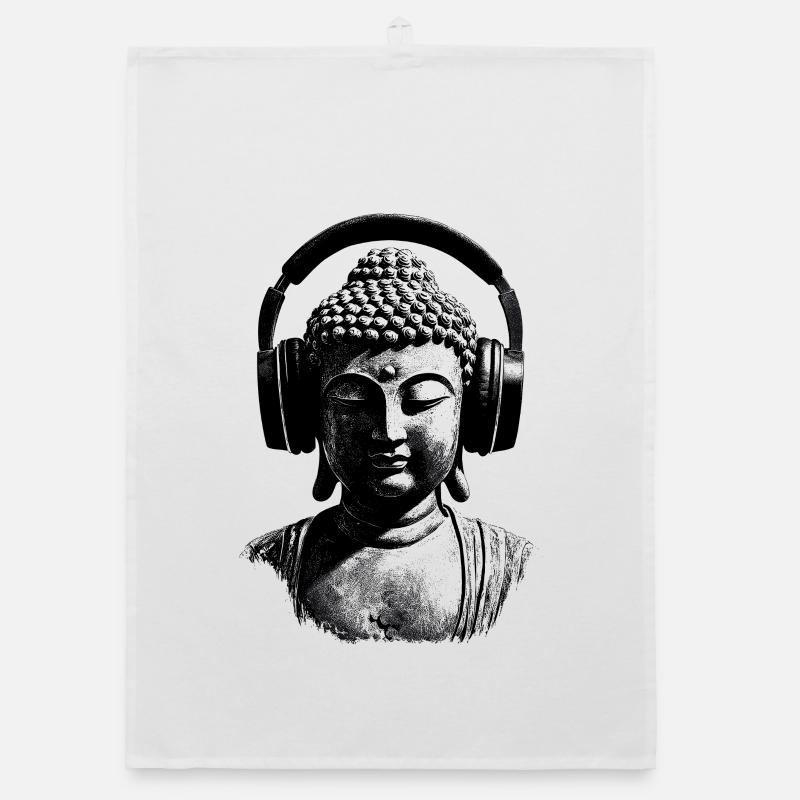 Buddha mit Kopfhörern Achtsamkeit Musik Boho Zen Organic Geschirrtuch