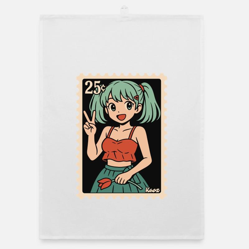 Anime Mädchen Poststempel Illustration Organic Geschirrtuch