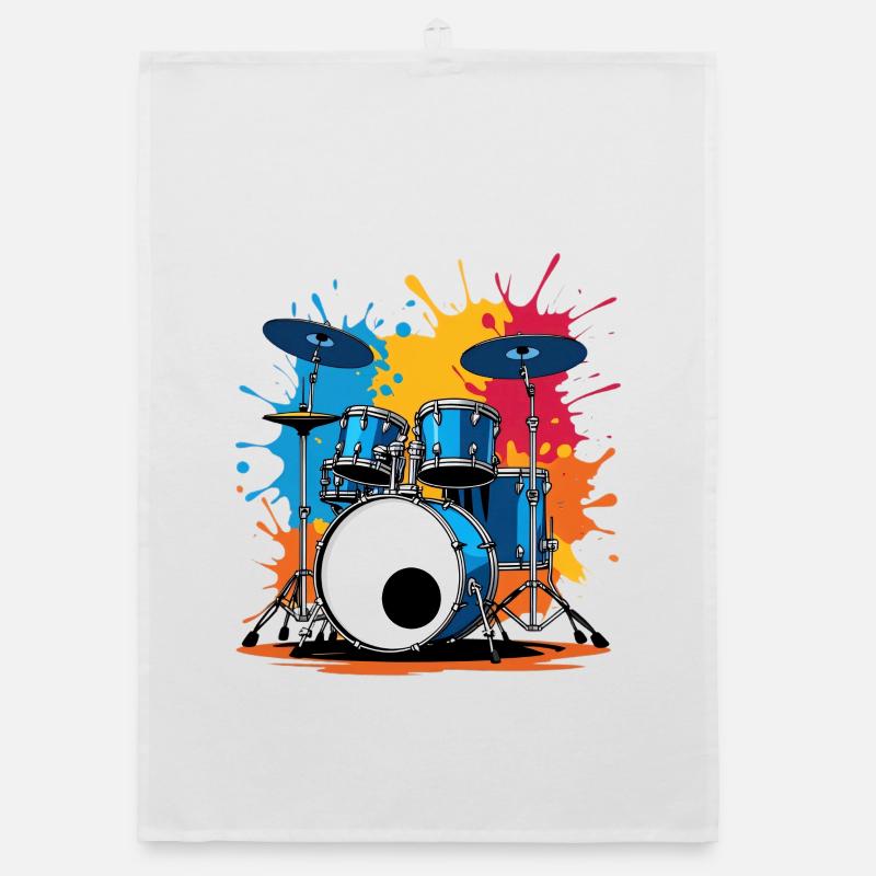Colorful drum print with color explosions Organic dish towel