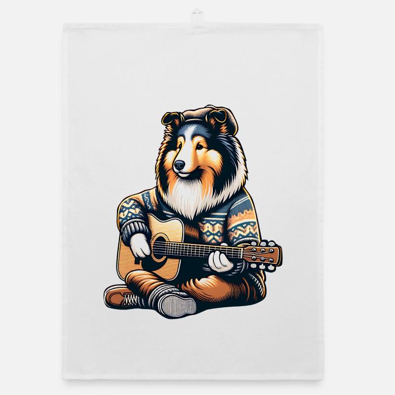 Collie Mit Akustikgitarre Im Strickpullover Organic Geschirrtuch
