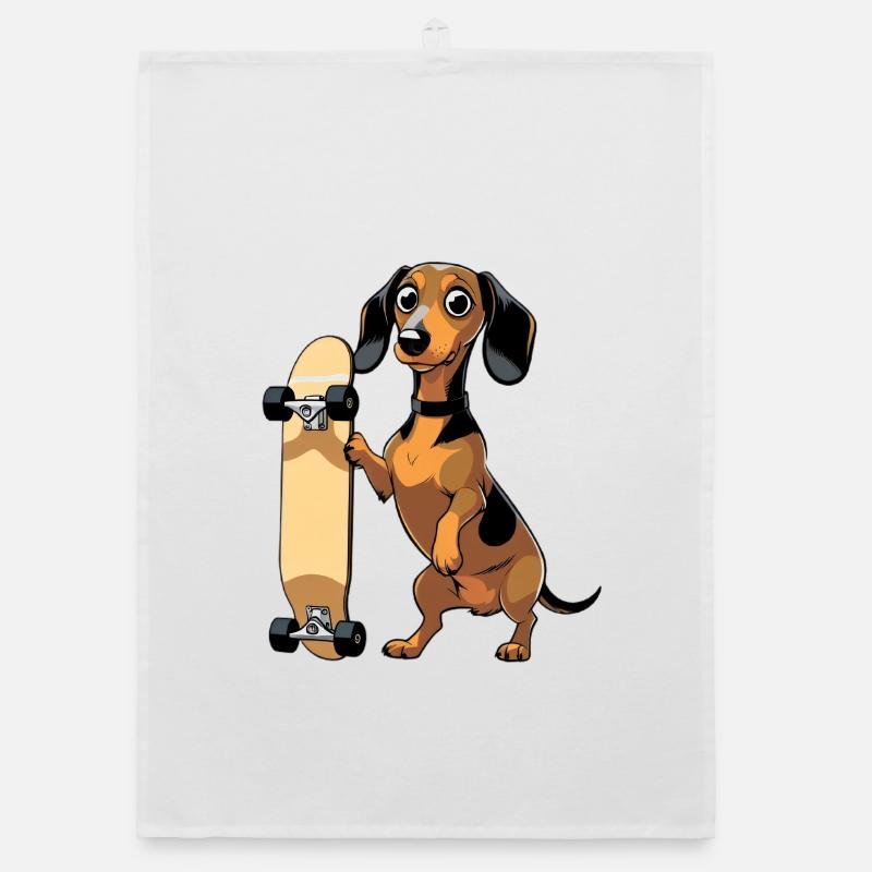 Dachshund with skateboard design Organic dish towel