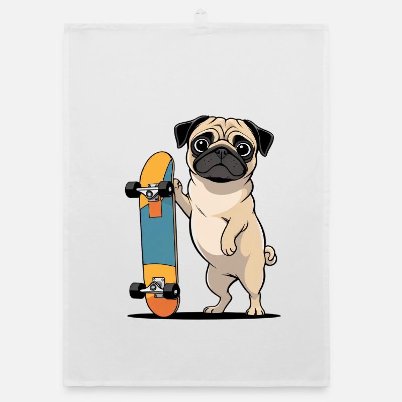 Pug with Skateboard Illustration Organic dish towel