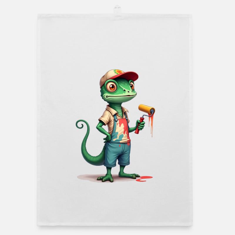 Chameleon painter cartoon with paint roller Organic dish towel