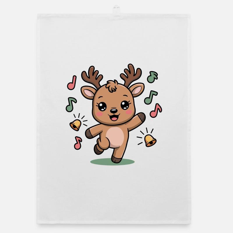 Cheerful Reindeer with Notes and Bells Organic dish towel