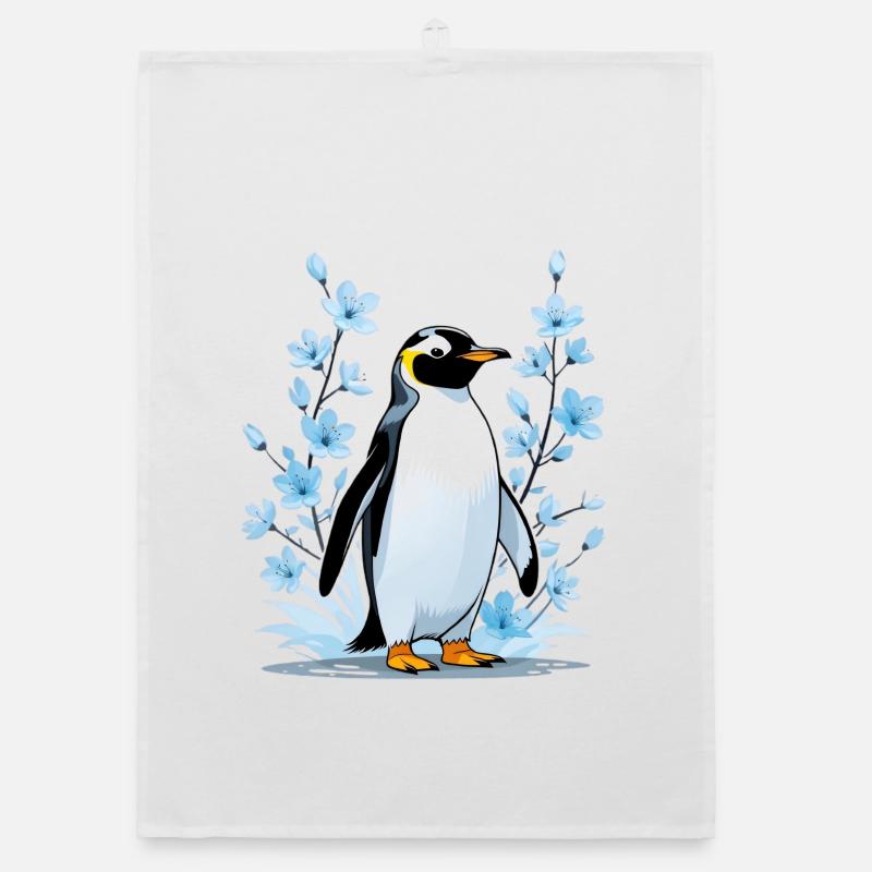 Cute penguin with blue flowers Organic dish towel