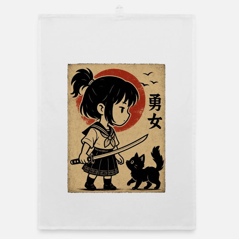 Fille courageuse avec katana et chat Torchon bio