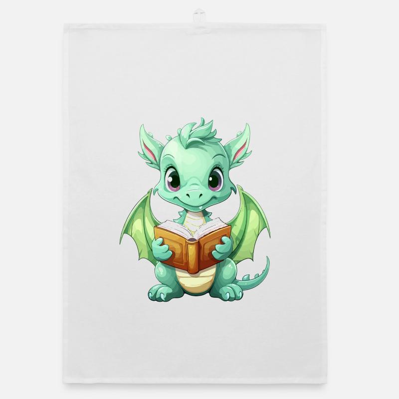 Doodle dragon with book Organic dish towel