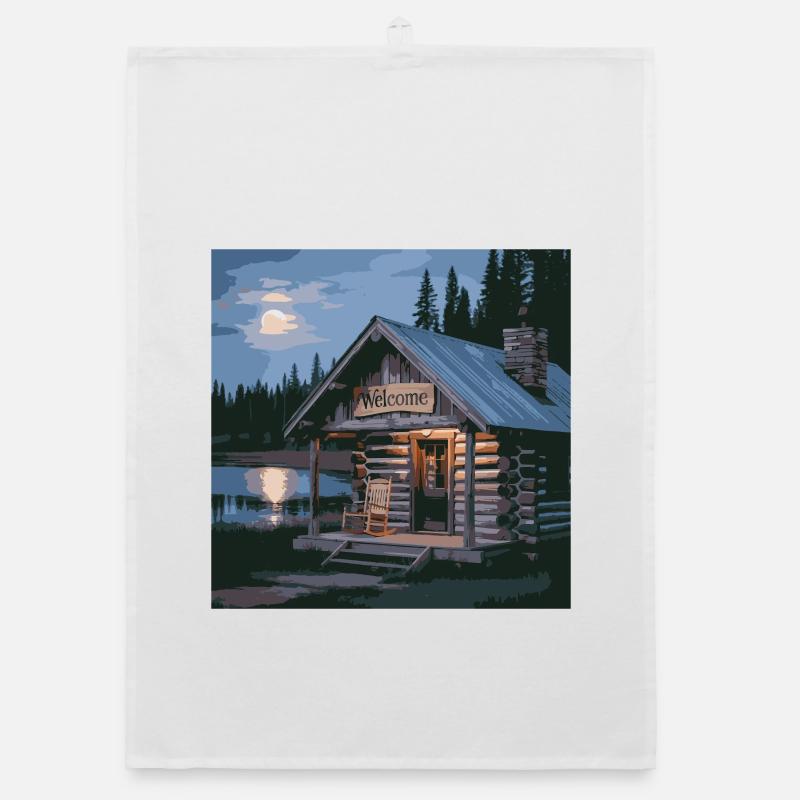 Scène nocturne de cabane de lac rustique Torchon bio
