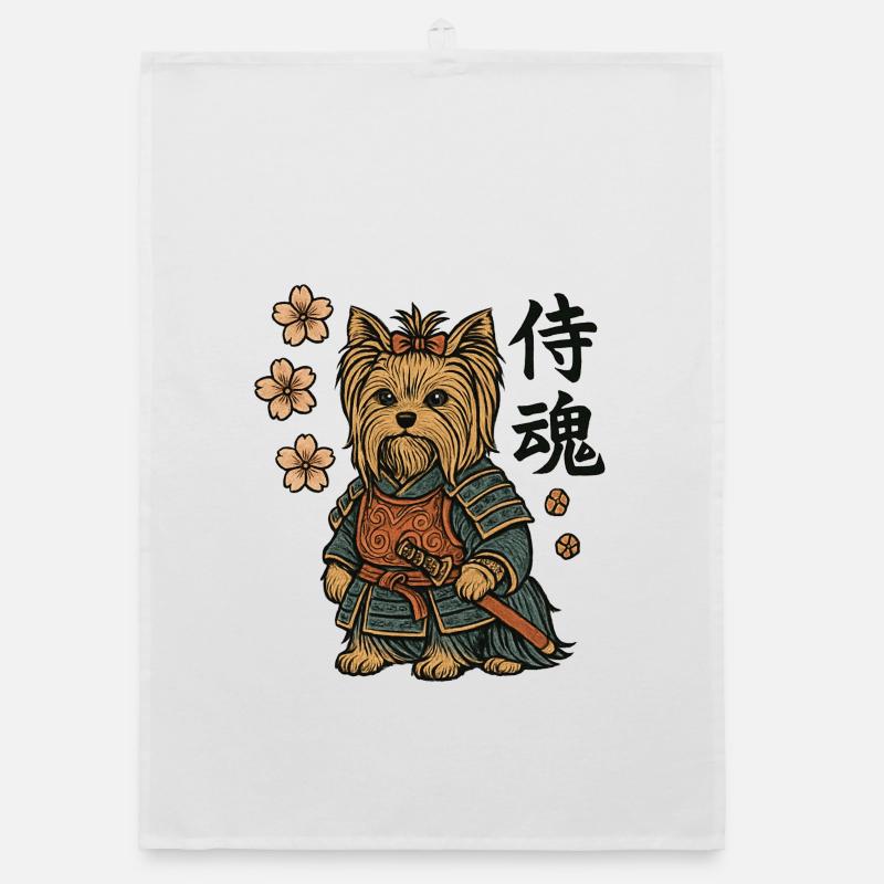 Chien Yorkshire terrier Samouraï Floral - Torchon bio - blanc