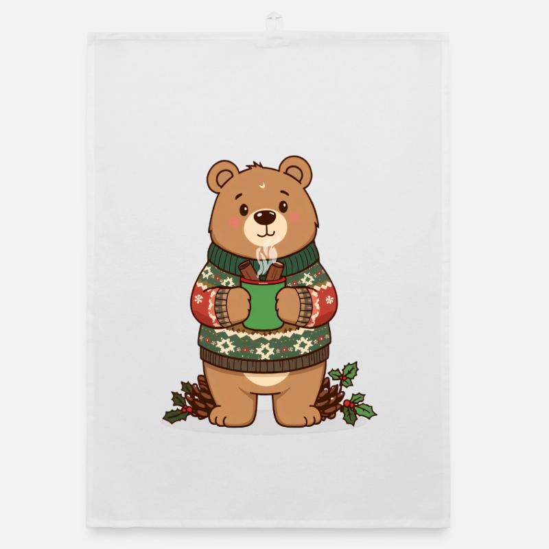Winter bear with steaming cocoa Organic dish towel
