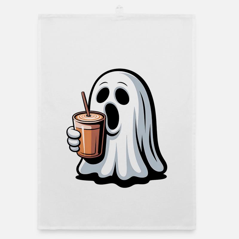 Ghost with pumpkin latte - Organic dish towel - white