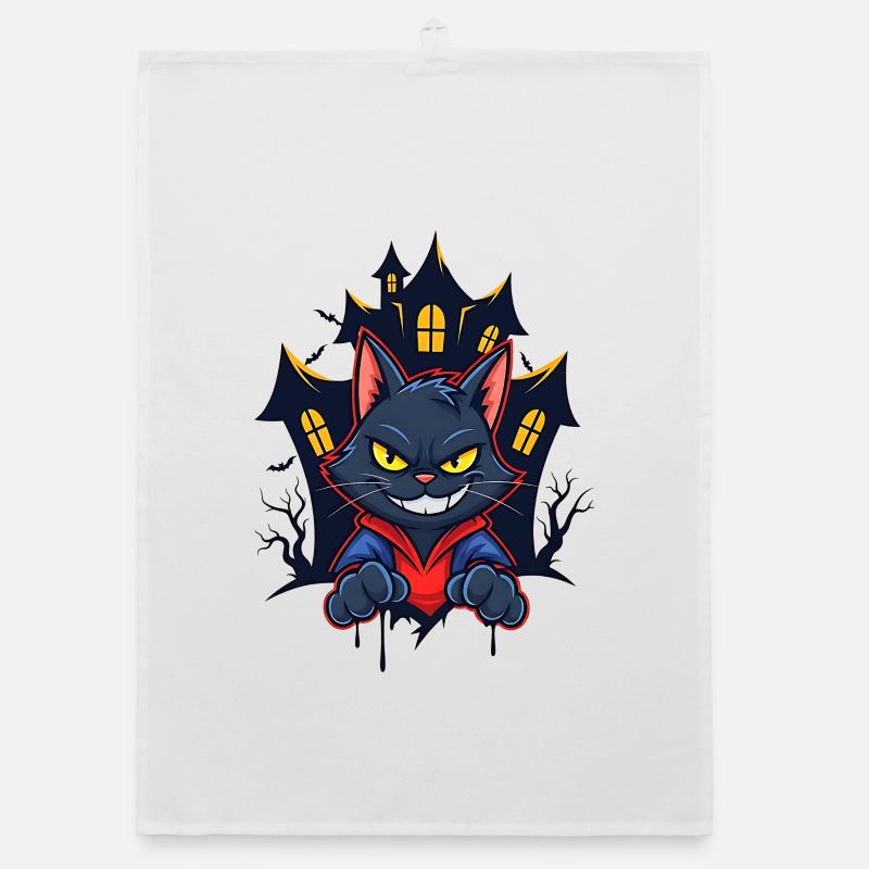 Chat souriant devant une maison hantée Torchon bio