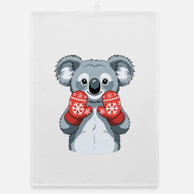Winter koala with red gloves Organic dish towel