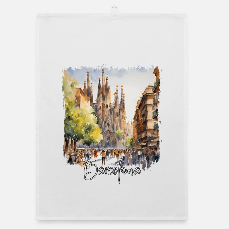 Aquarelle de Barcelone, Barcelone, Espagne Torchon bio
