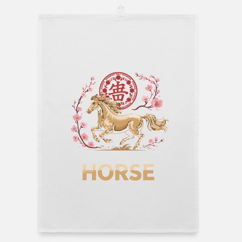 Année du Cheval : Cheval et cerisier en fleurs Torchon bio