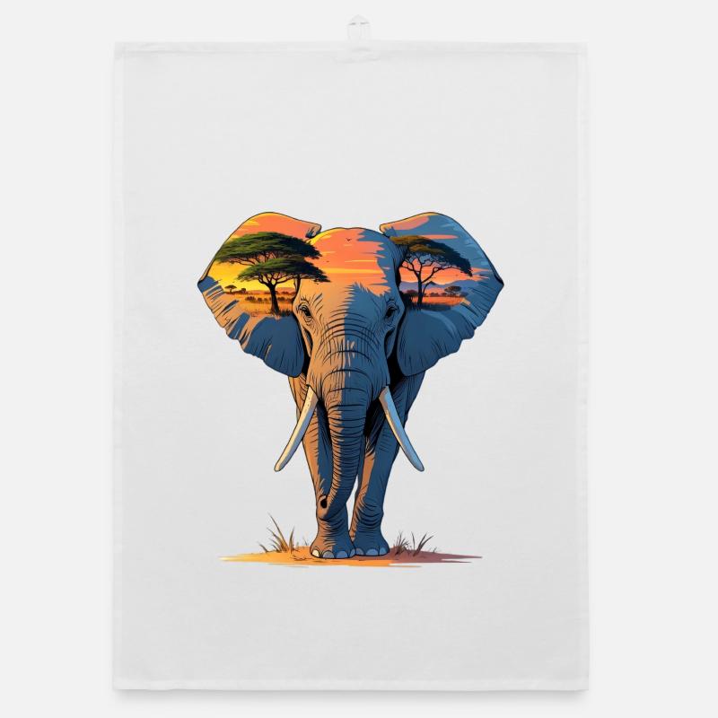Silhouette d’éléphant au coucher du soleil Torchon bio