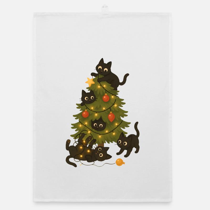 Funny Cats Playing Around Christmas Tree Organic dish towel