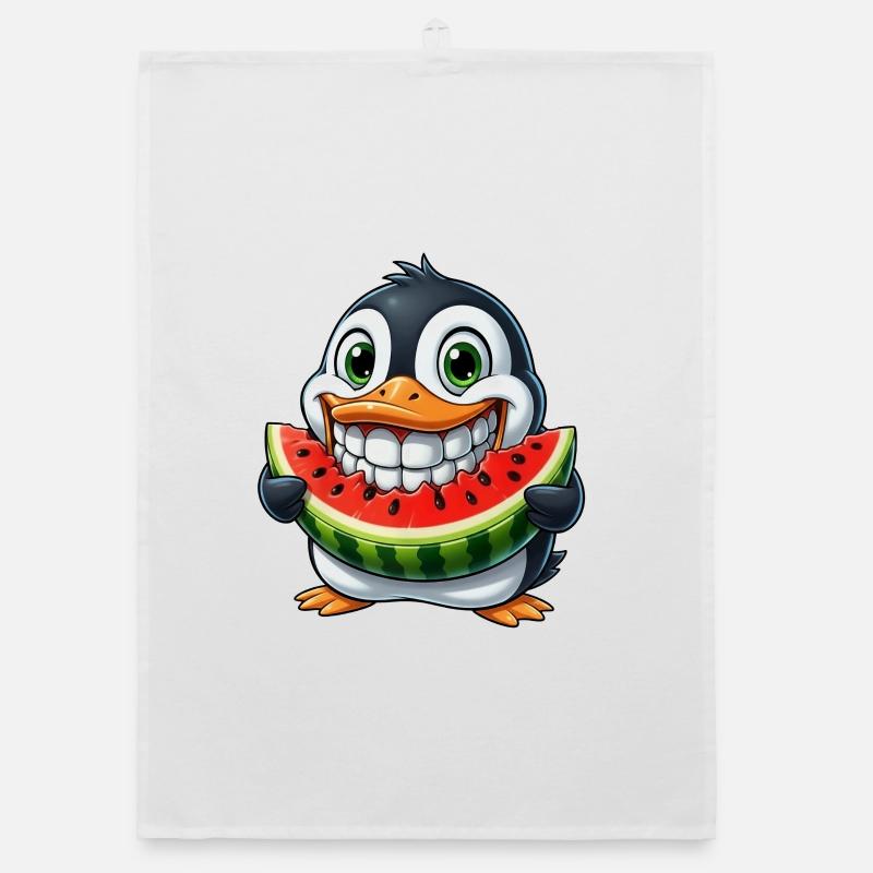 Pingouin joyeux avec pastèque fruit d’été Torchon bio