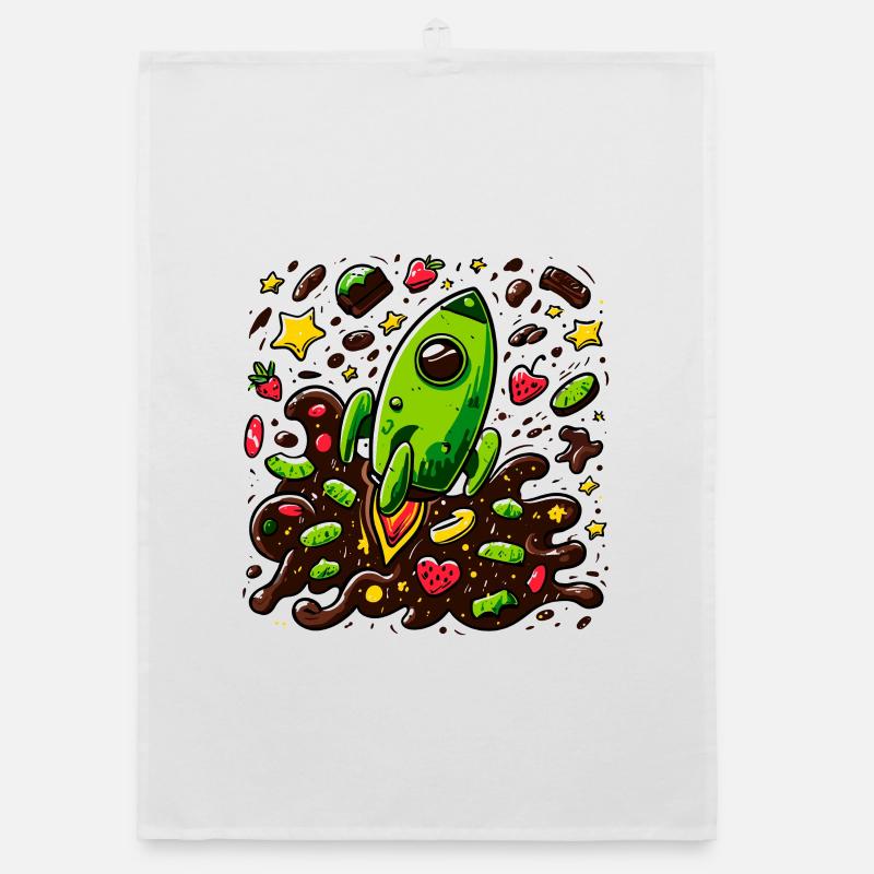 Green rocket in the chocolate universe Organic dish towel