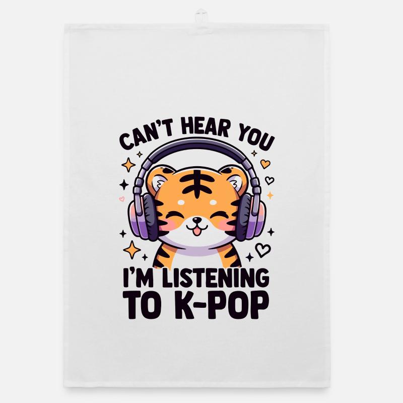 Kawaii K-Pop Tiger avec casque - Torchon bio - blanc