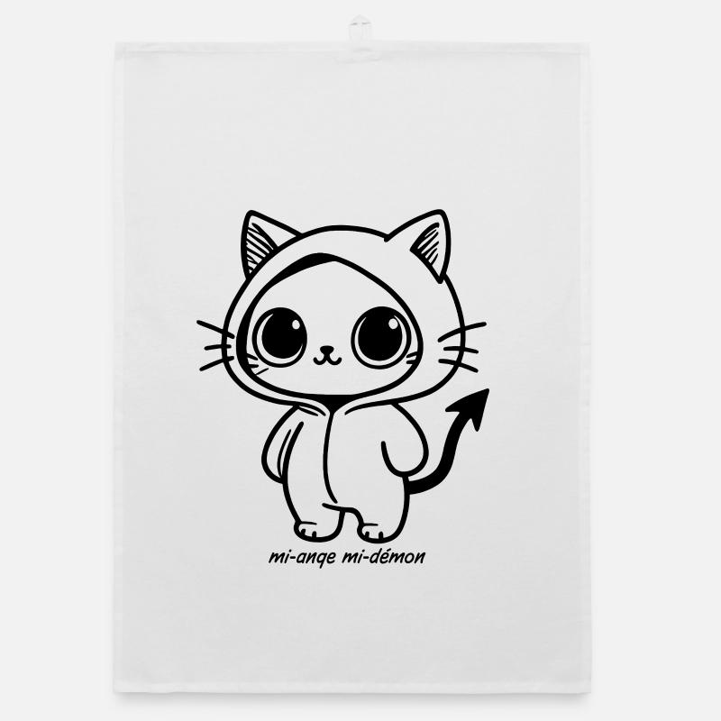 Kawaii-Katze im schwarzen Kapuzenpullover, halb Engel, halb Dämon Organic Geschirrtuch