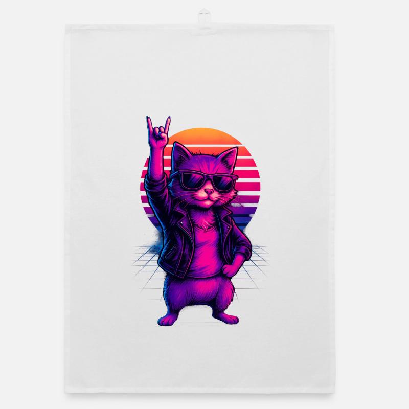 Synthwave Cat Cat Retro Sunset Organic dish towel
