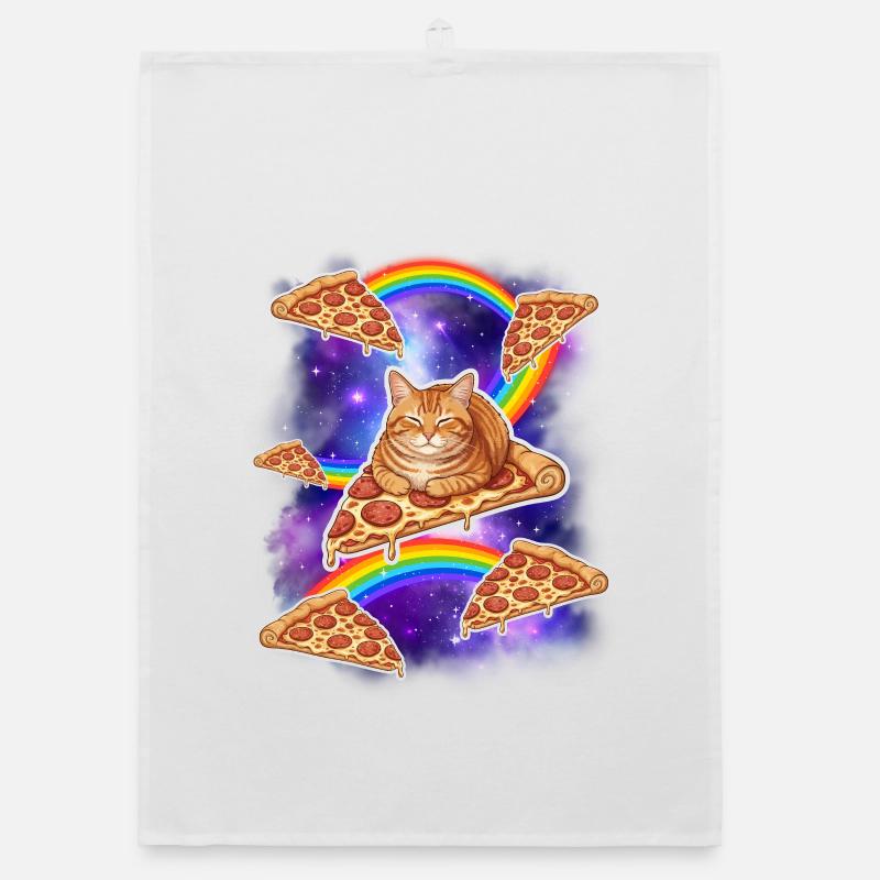 Chat chevauchant une pizza dans l’espace Mème drôle de pizza Torchon bio