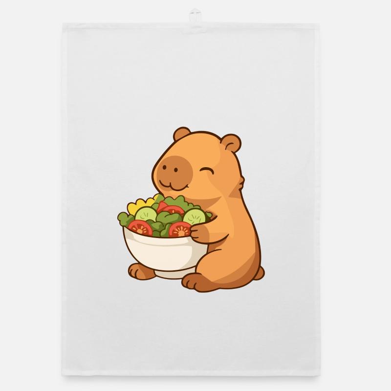 Capybara avec saladière colorée - Torchon bio - blanc