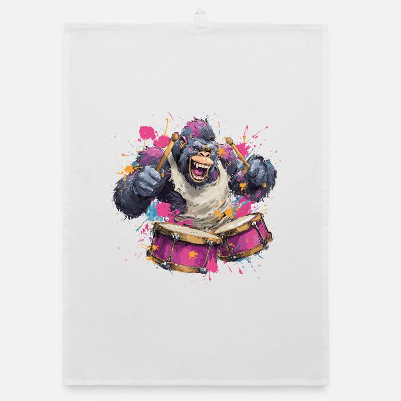 Colorful monkey on the drum set Organic dish towel