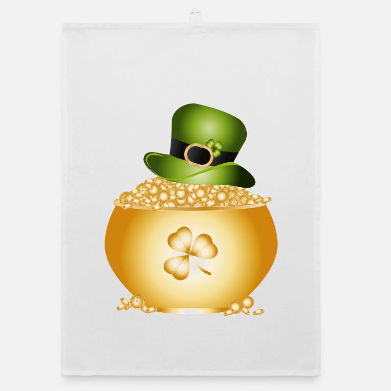 Pot doré avec trèfle et chapeau vert Torchon bio